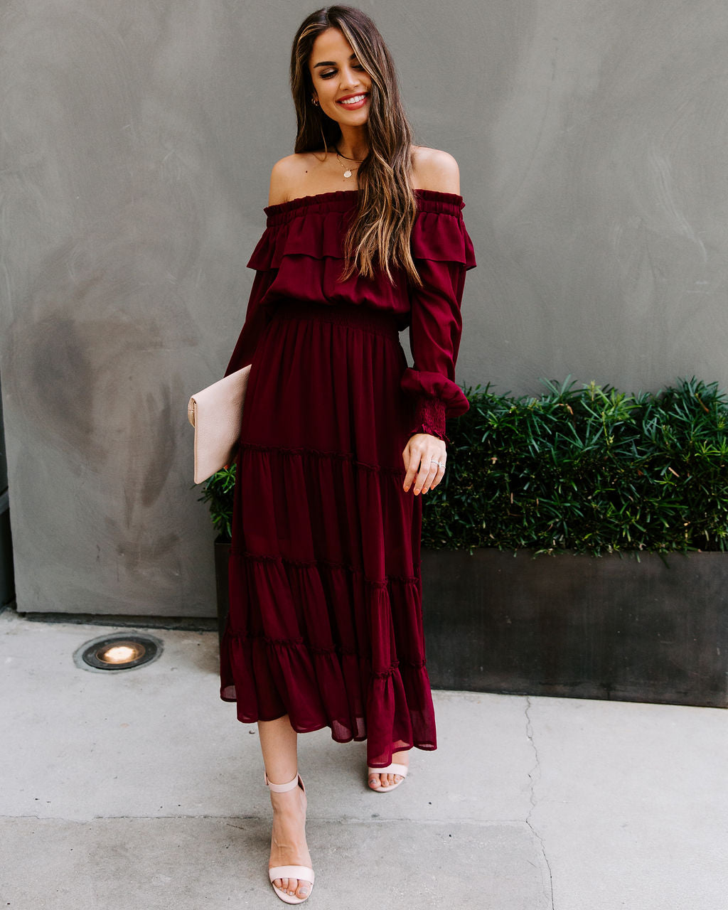Off Alicia The Shoulder Tiered Midi Dress Burgundy