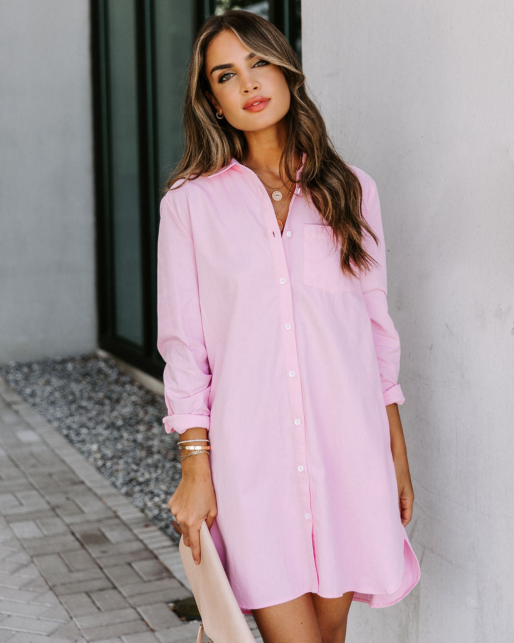 Business Risky Pocketed Button Down Shirt Dress Pink