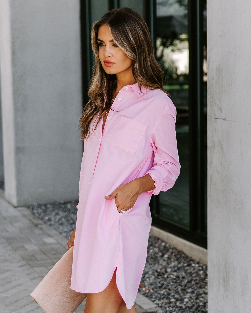 Business Risky Pocketed Button Down Shirt Dress Pink
