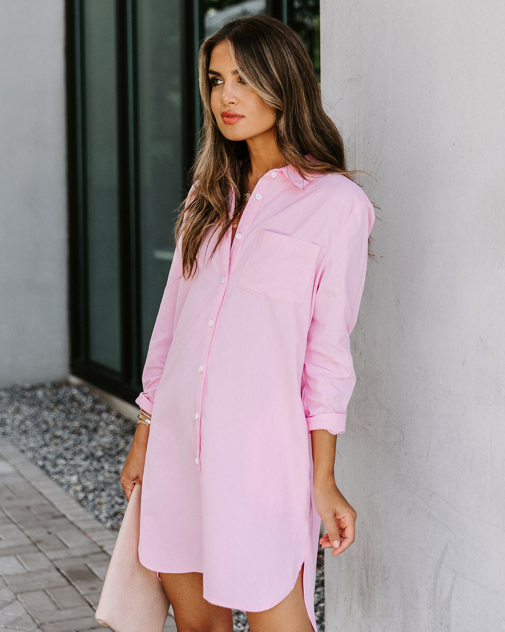 Business Risky Pocketed Button Down Shirt Dress Pink