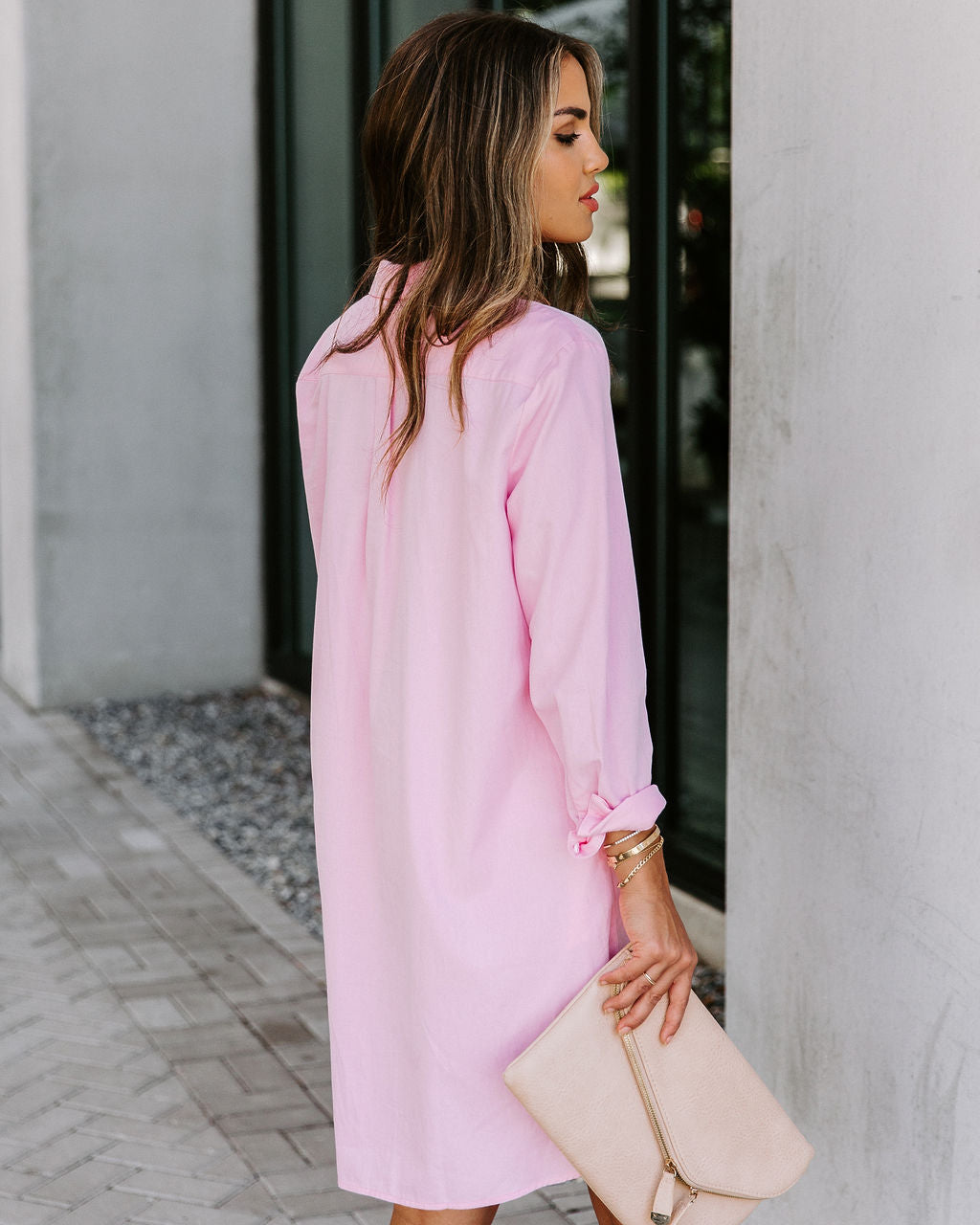 Business Risky Pocketed Button Down Shirt Dress Pink