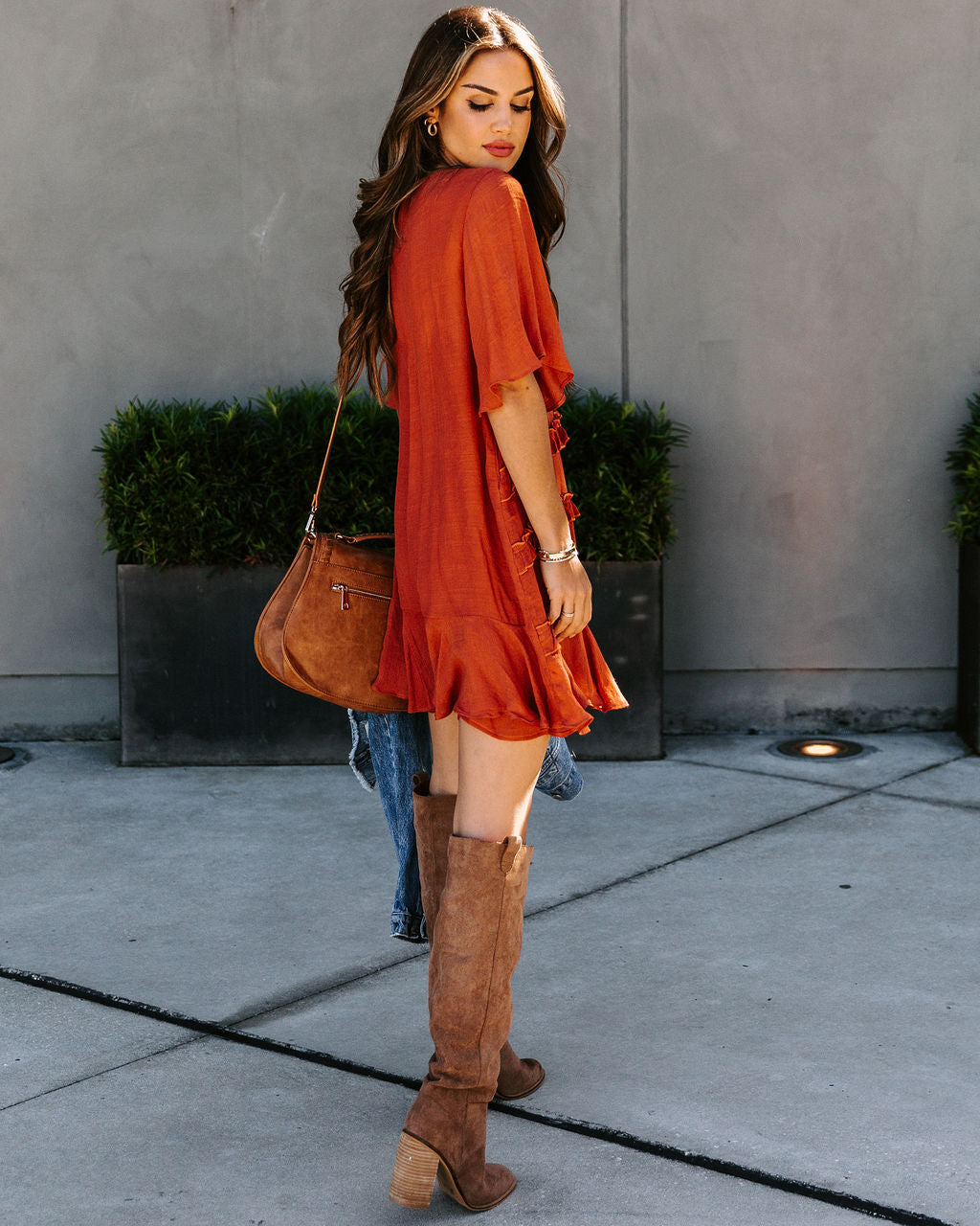 Tango Let's Pocketed Ruffle Dress Terracotta