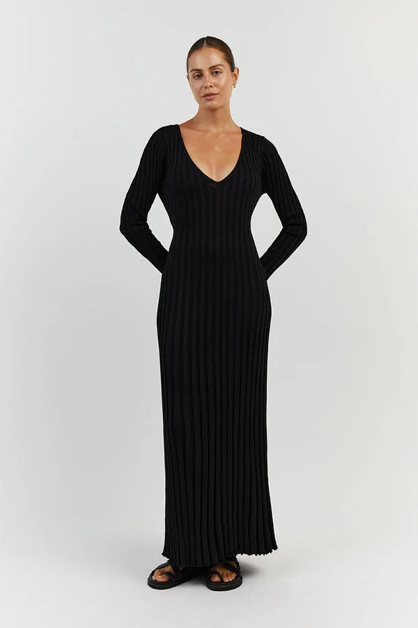 Minimalist Verónica Midi Dress with V Neck and Knitted Sleeves Elevated Occasion Wear