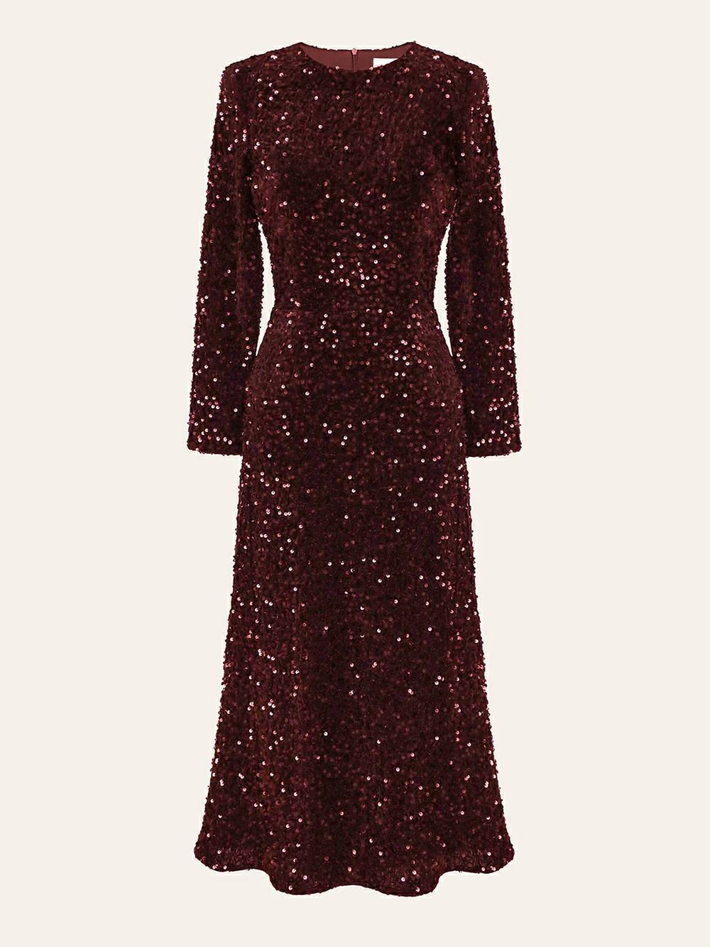 Decorated Sequin Velvet Midi Dress In Red
