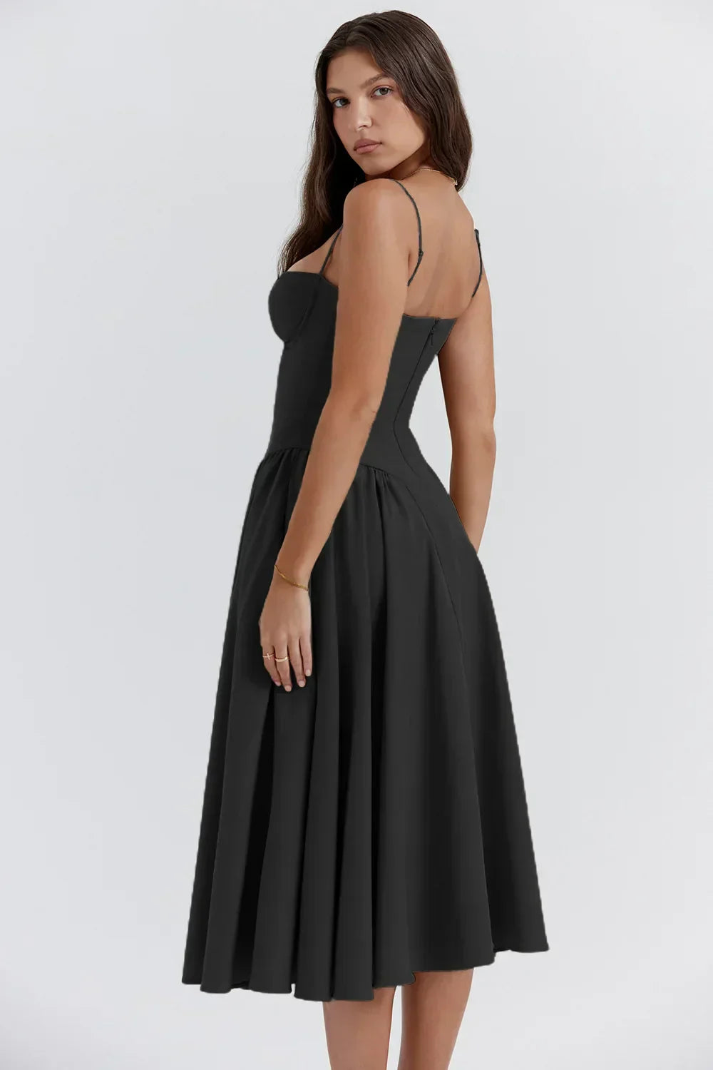 Milagros Premium Open-Shoulder Midi Dress with a Corset Fit Elevated Occasion Wear