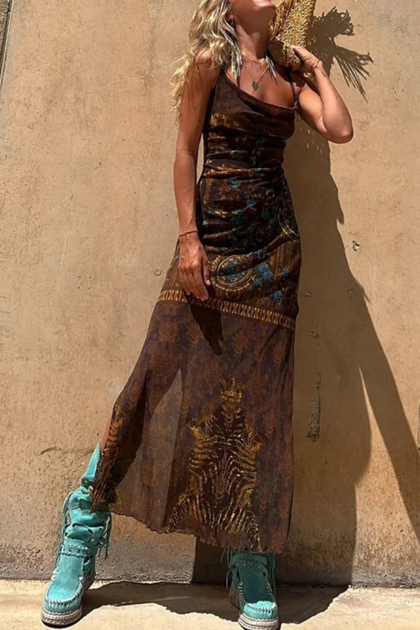 Exclusive Griselda Midi Dress with a Unique Gypsy Style Print, Cowl Neckline At the Back, Lace Up Fastening and Slit Evening Wear Edit