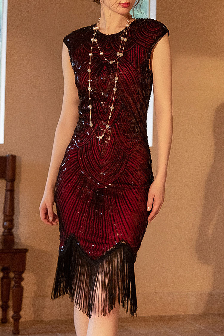 Gatsby 1920s Round Neck Fitted Sequin Fringe Flapper Midi Dress - Red
