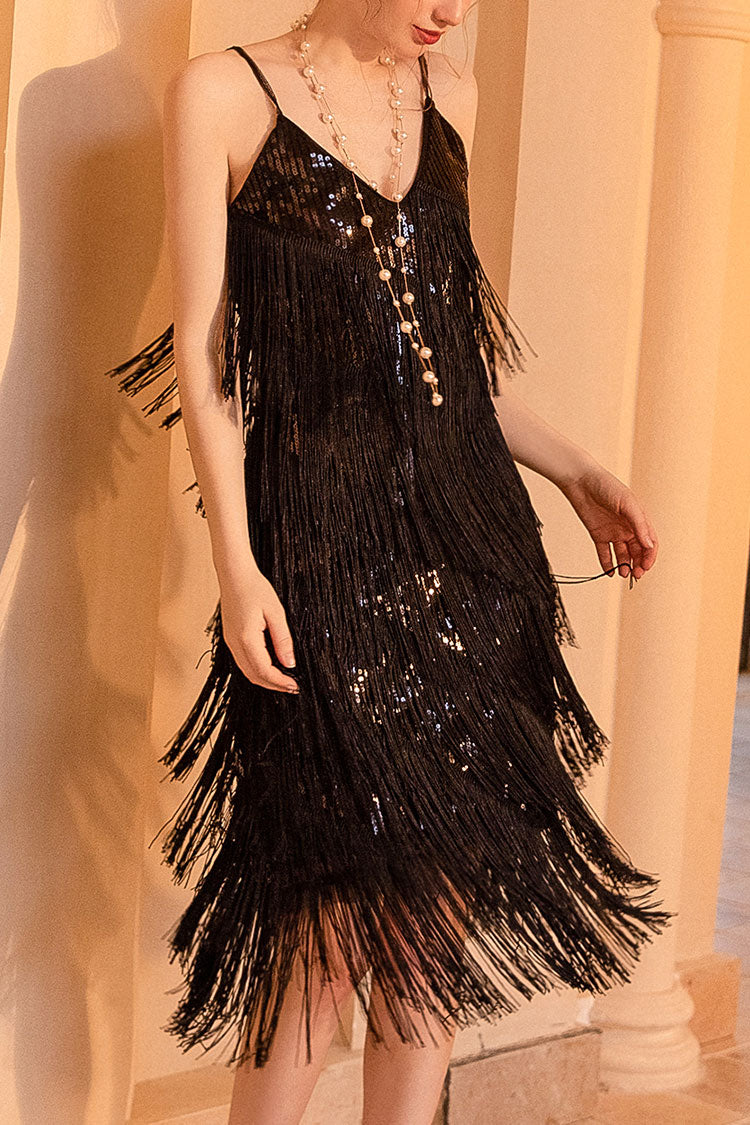 Gatsby 1920s V Neck Sequined Layered Fringe Flapper Midi Dress - Black