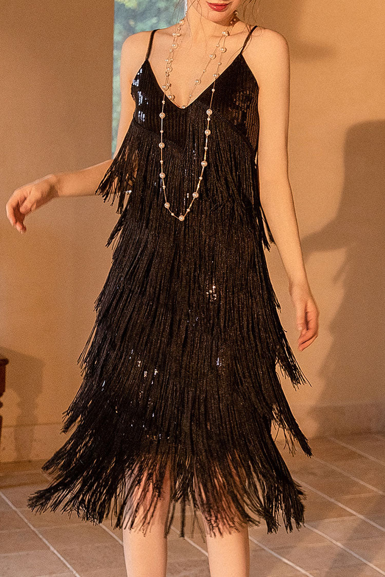Gatsby 1920s V Neck Sequined Layered Fringe Flapper Midi Dress - Black