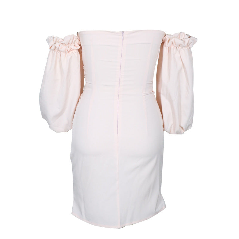 Puff Villy Sleeve Bodycon Dress Peach