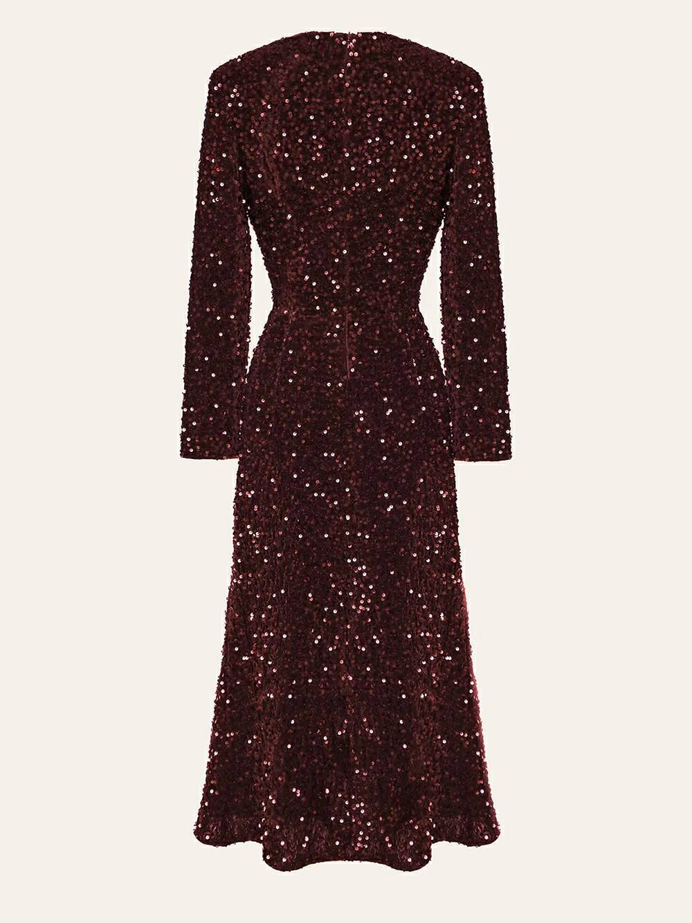Decorated Sequin Velvet Midi Dress In Red