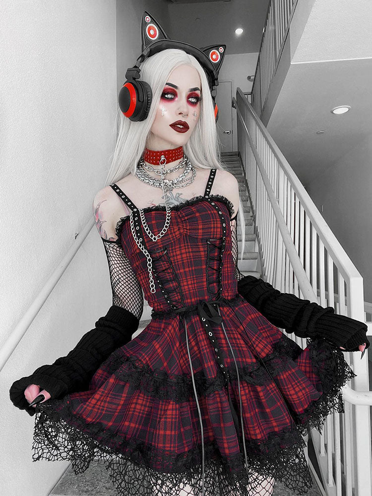 Plaid Gothic Red Timeless Slip Dress Lace Trim Backless Mini Dress