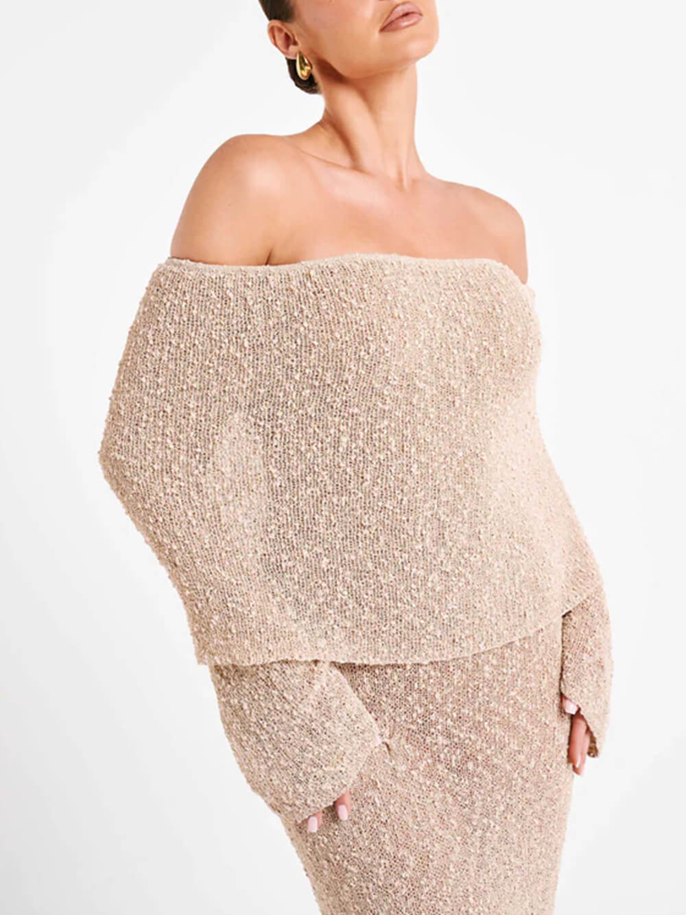 Shoulder Off Boucle Maxi Dress