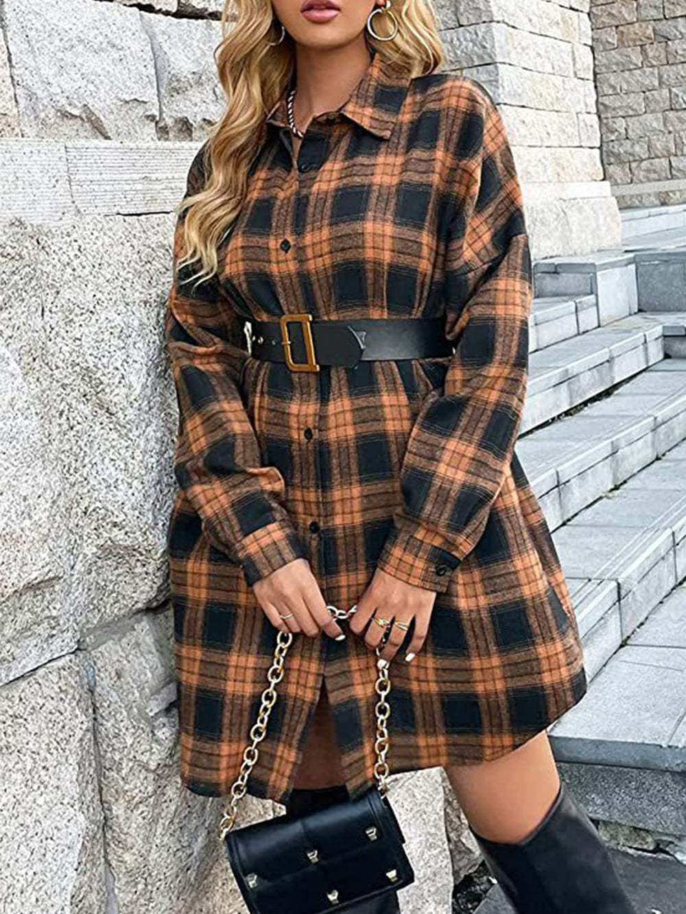 Button Plaid Down Shirt Dress