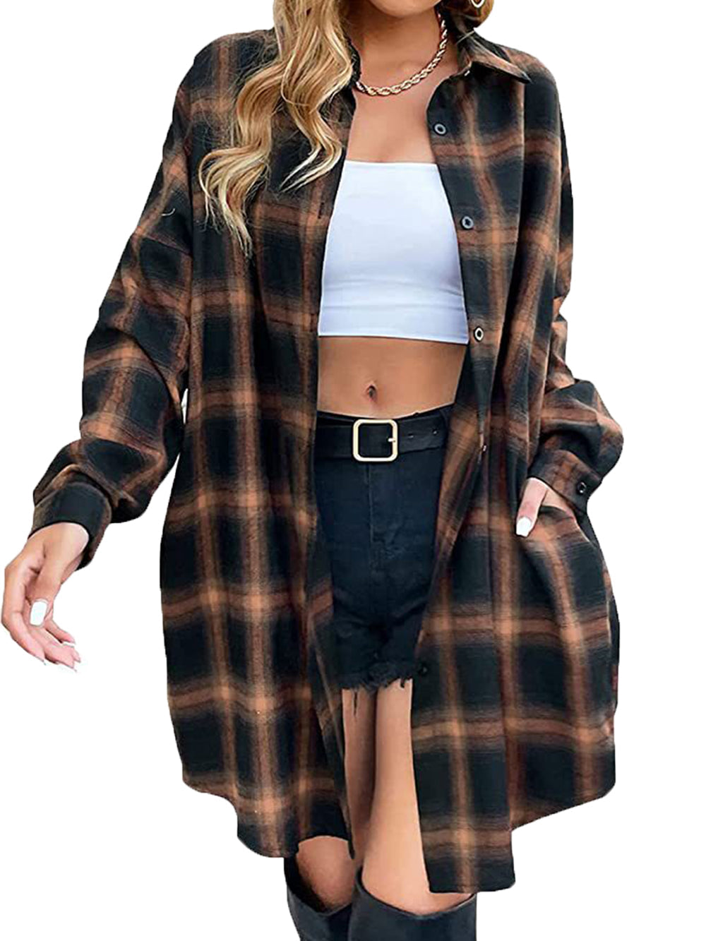 Button Plaid Down Shirt Dress