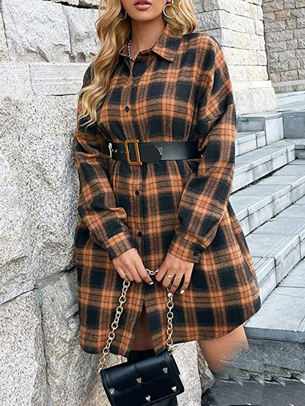 Button Plaid Down Shirt Dress