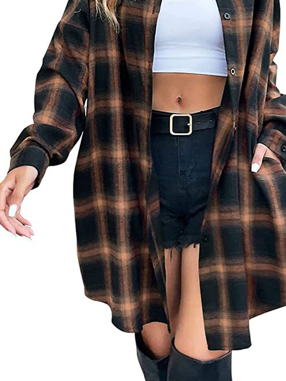 Button Plaid Down Shirt Dress