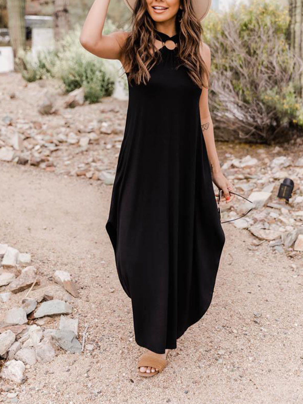 Light Halter Blue Midi Dress with Pocket