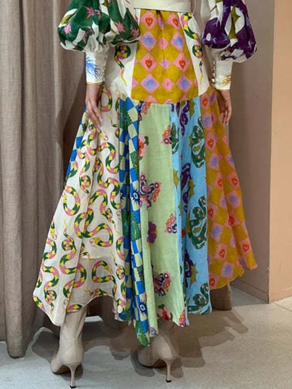 Trend Graffiti Balloon Sleeve Long Irregular Dress
