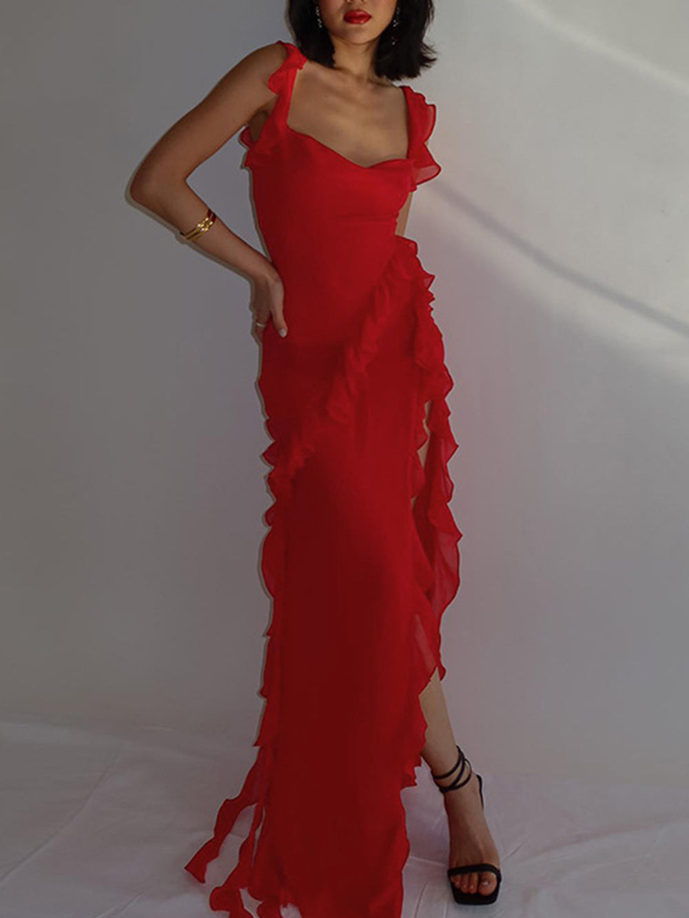 Chiffon Red Frill Slip Maxi Dress