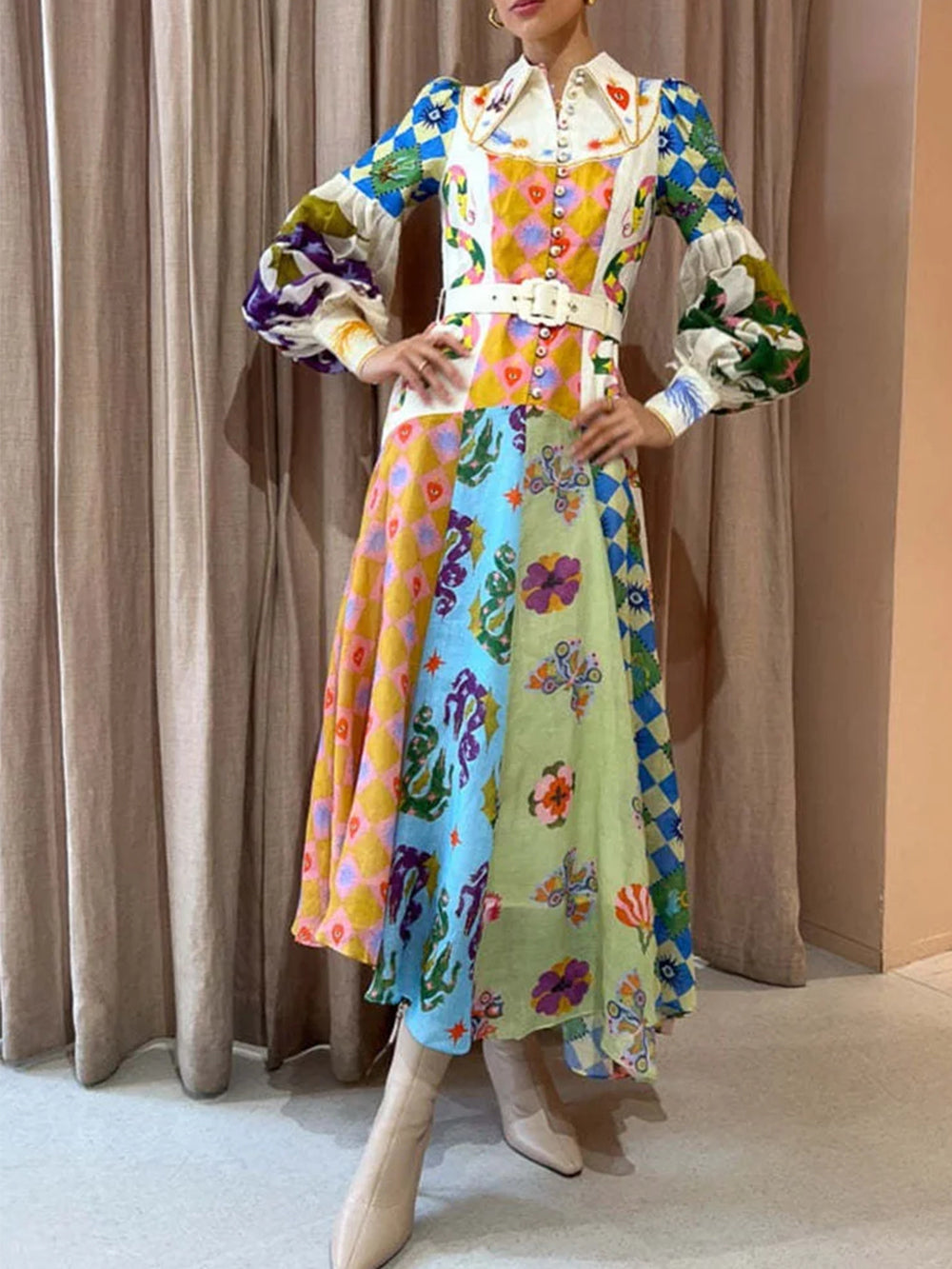 Trend Graffiti Balloon Sleeve Long Irregular Dress