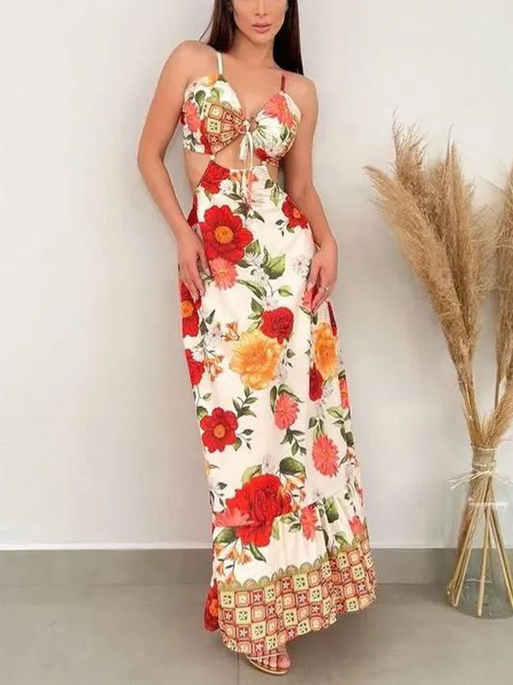 Alluring Hollow Backless Slim Print Dress