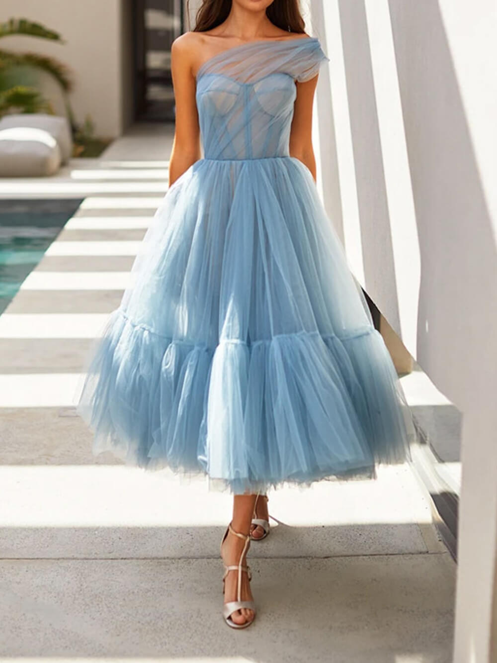 Off Shoulder Solid Color Refined Gauze Midi Dress