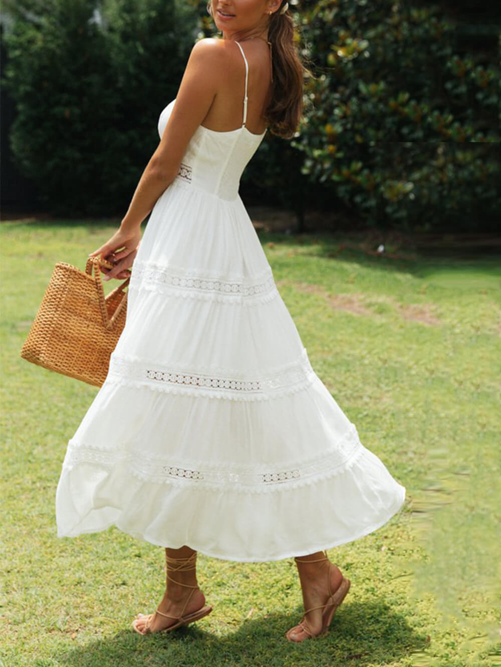 Color Solid Lace Suspender Midi Dress