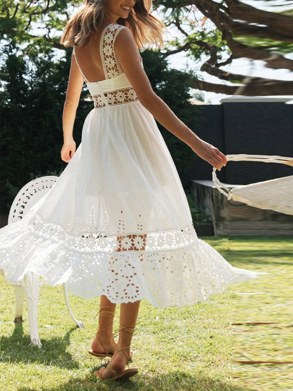 Lace Long Paneled Midi Dress With Full Hem