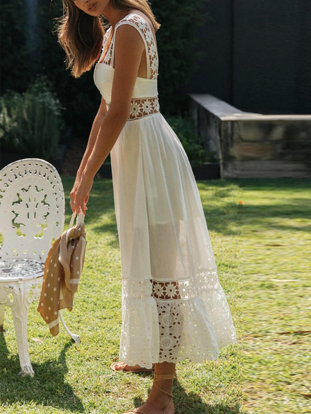 Lace Long Paneled Midi Dress With Full Hem