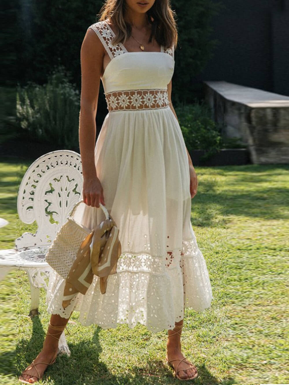 Lace Long Paneled Midi Dress With Full Hem