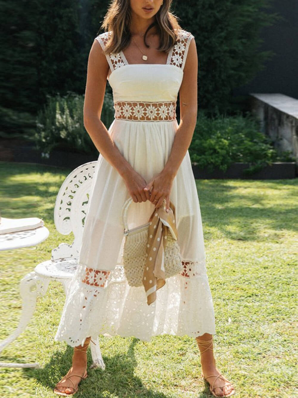 Lace Long Paneled Midi Dress With Full Hem
