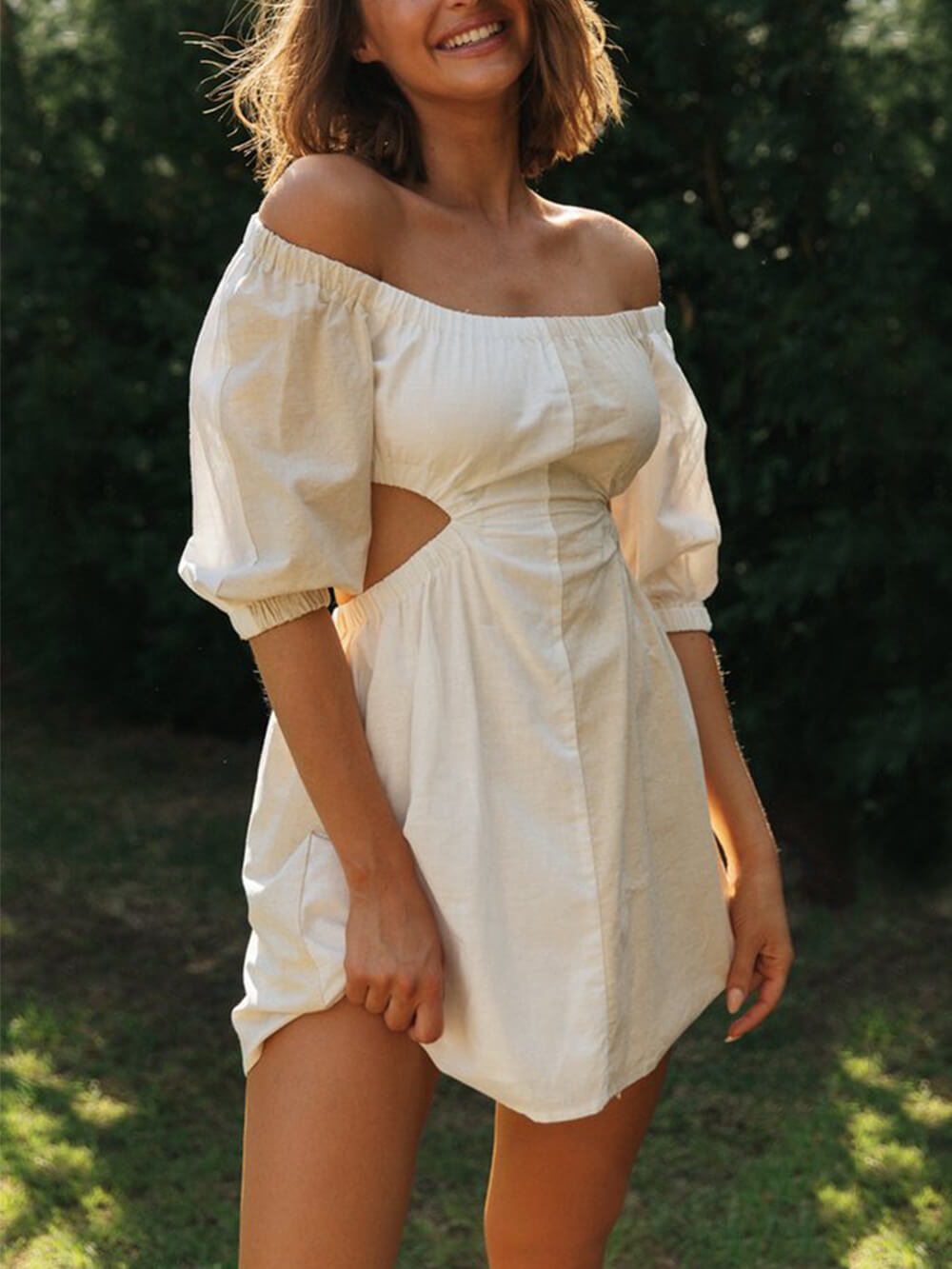 Shoulder One Off Waist Balloon Sleeve Mini Dress