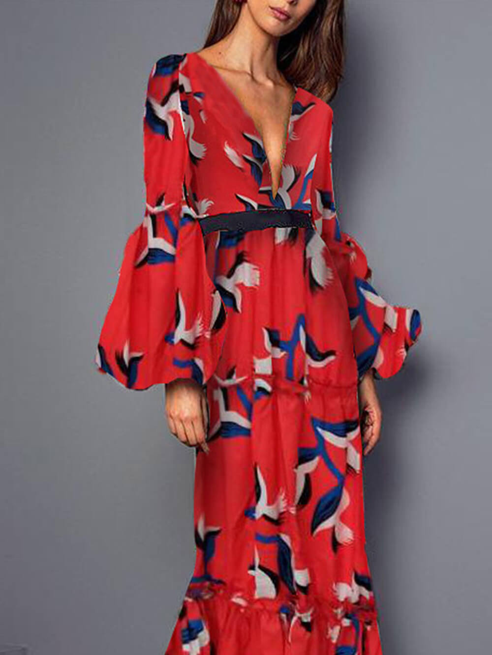 Stylish V Neck Waist Cinching Maxi Dress