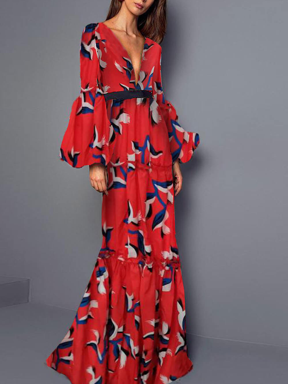 Stylish V Neck Waist Cinching Maxi Dress