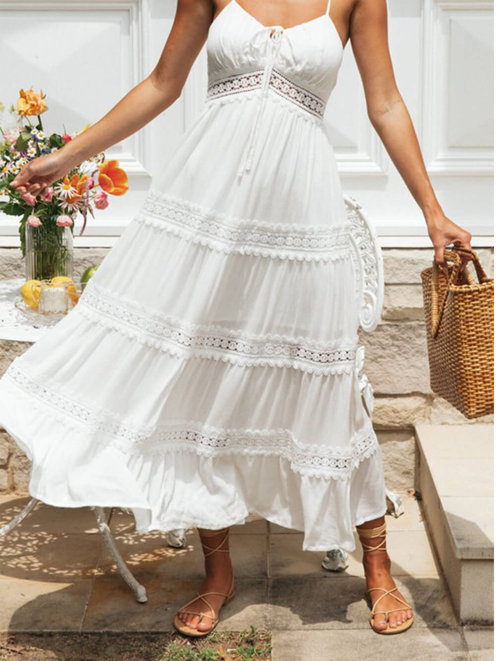 Color Solid Lace Suspender Midi Dress
