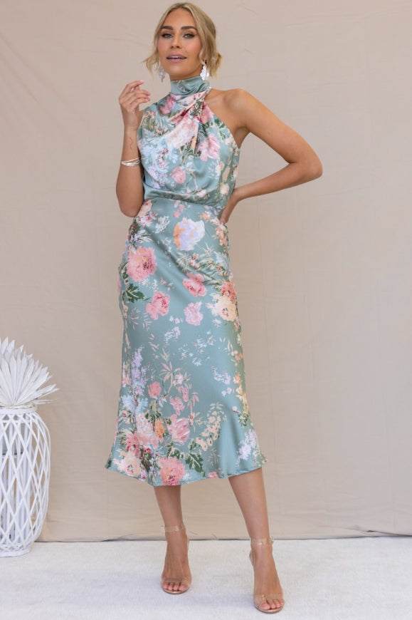 Wine Country Dates Bloom Halter Neck Elastic Waist Maxi Dress