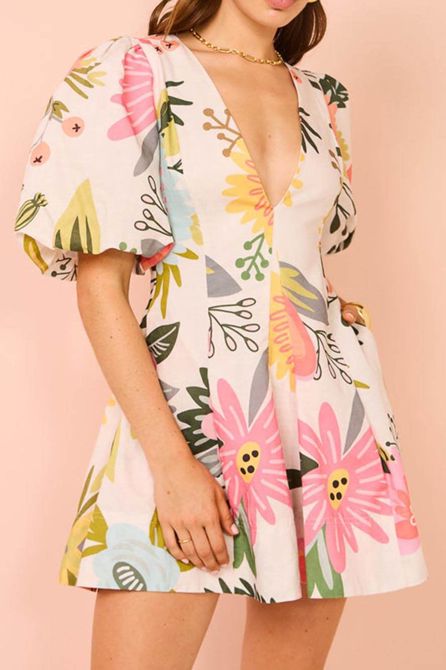Raquel Statement Bloom Print Mini Dress with Puff Sleeves and Pockets Evening Wear Edit