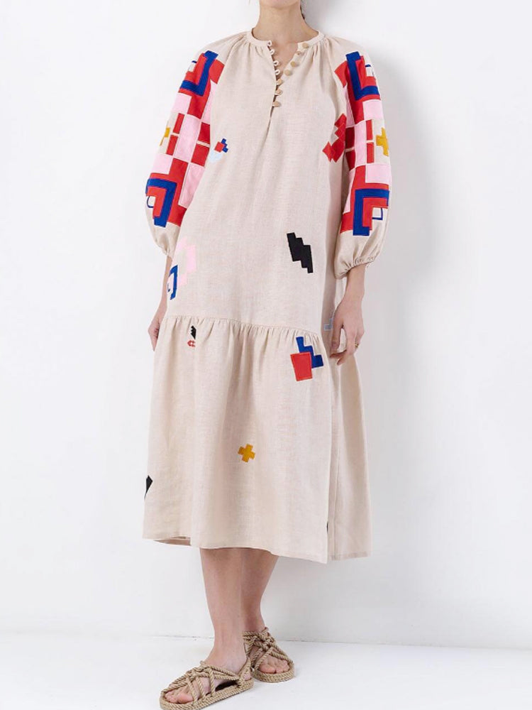 Loose Fit Printed Lantern Sleeve Relaxed Dress