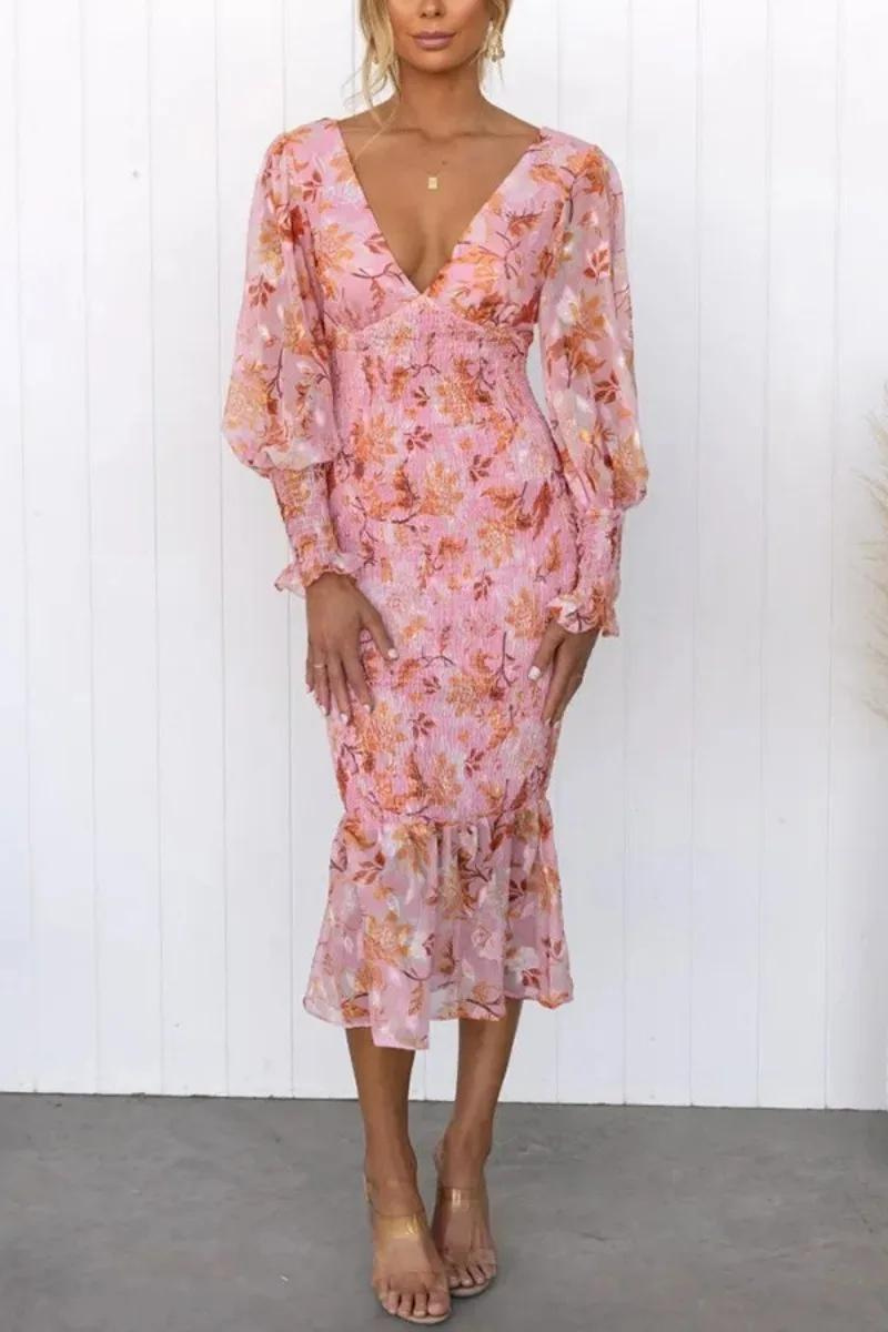 Rafaela Aesthetic Flower Print Midi Dress Elevated Occasion Wear