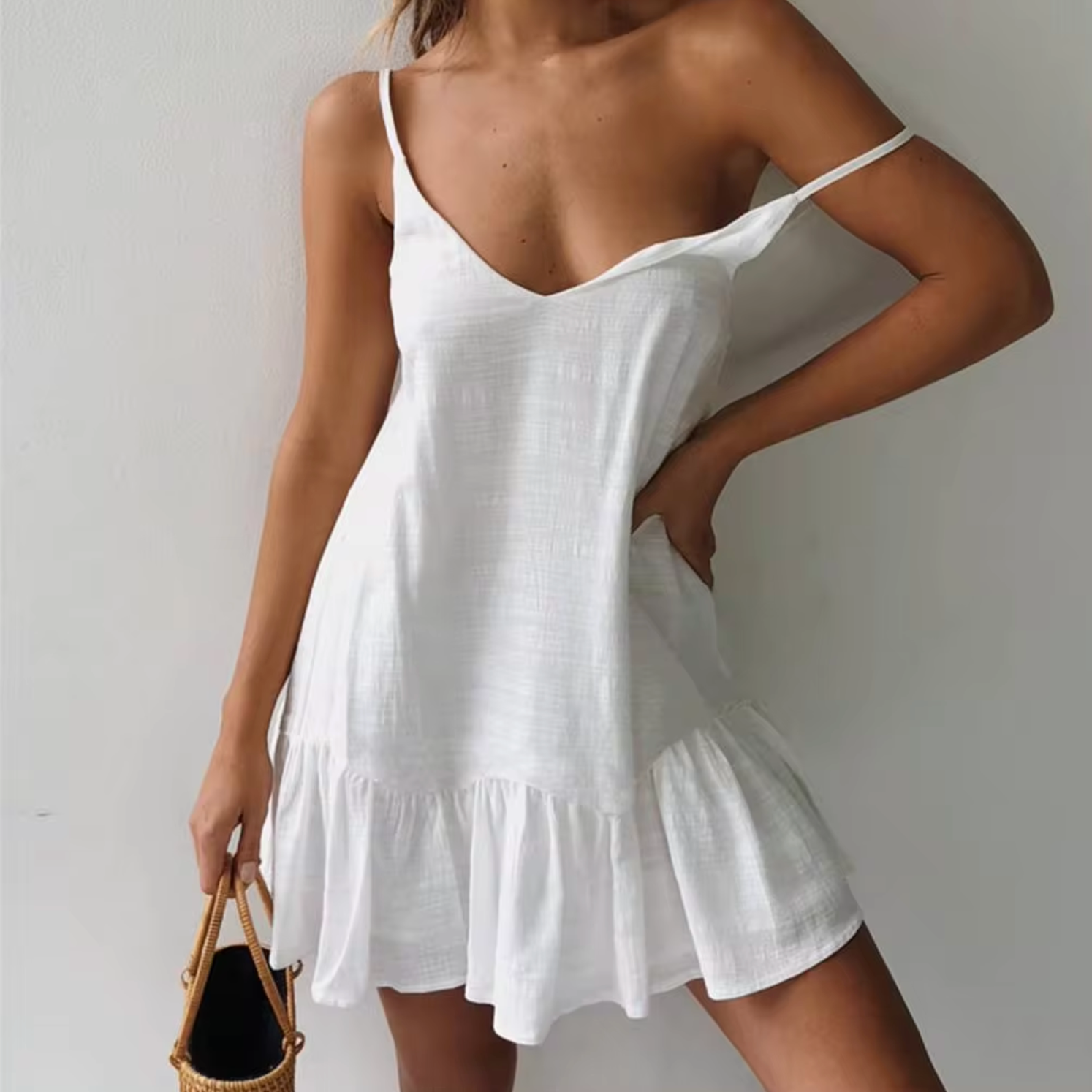Exclusive Zelma Cotton Linen Mini Dress with Ruffles Everyday Luxe Edit