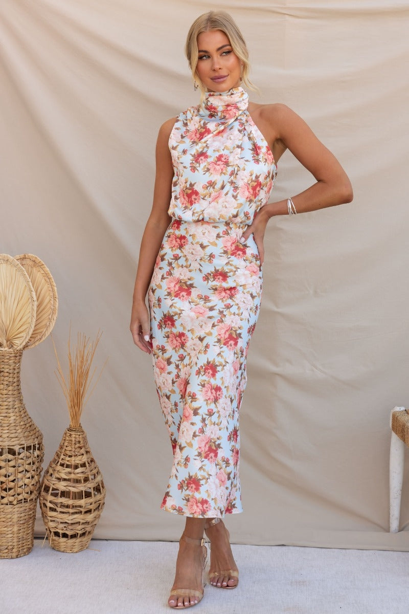 Wine Country Dates Bloom Halter Neck Elastic Waist Maxi Dress