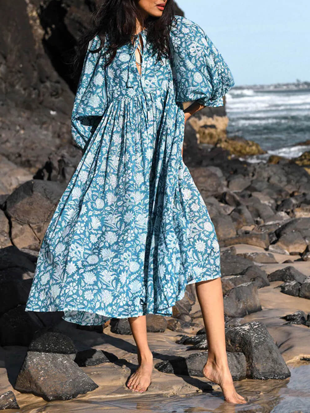Flower Balloon Sleeve Midi Dress