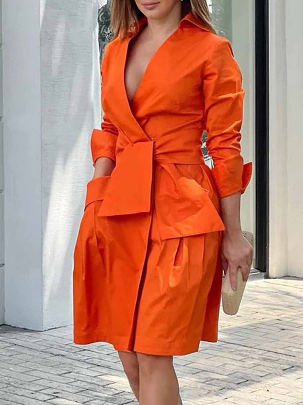 Draped Orange Cotton Wrap Shirt Dress