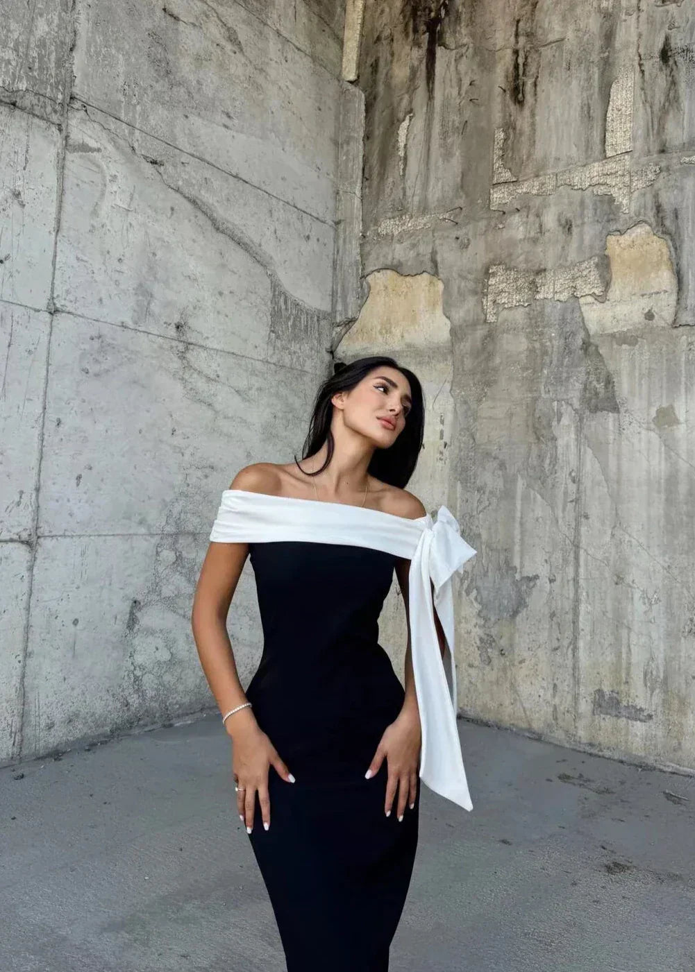 One Francine Shoulder Bow Tie Slit Midi Dress