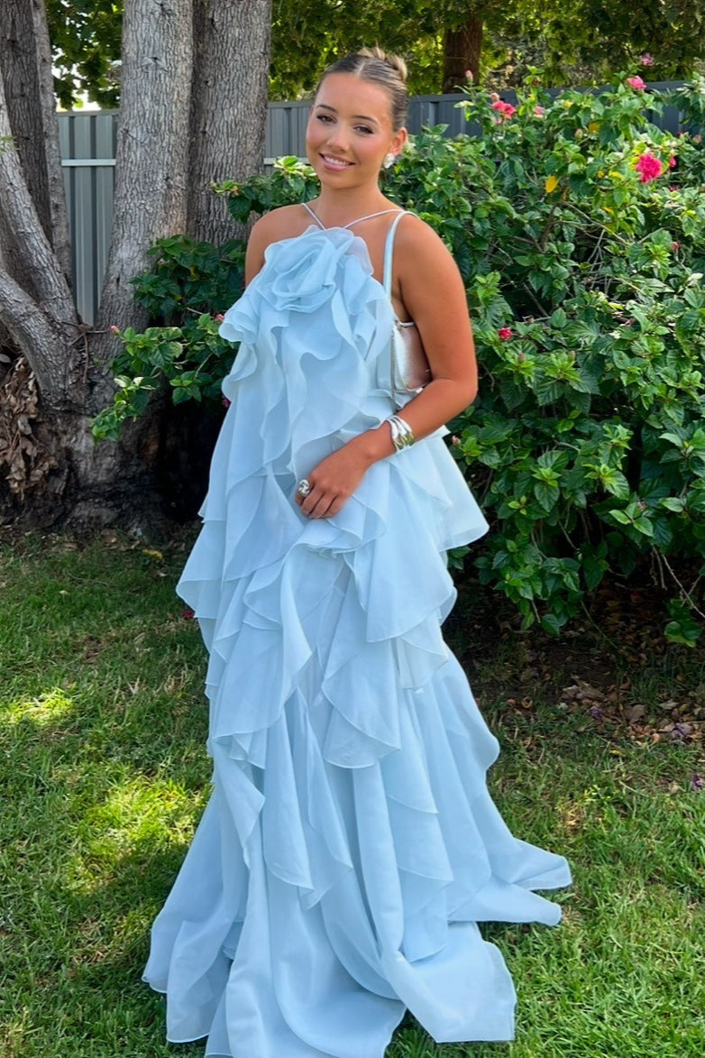 3D Floral Halter Spaghetti Strap Graceful Prom Dress