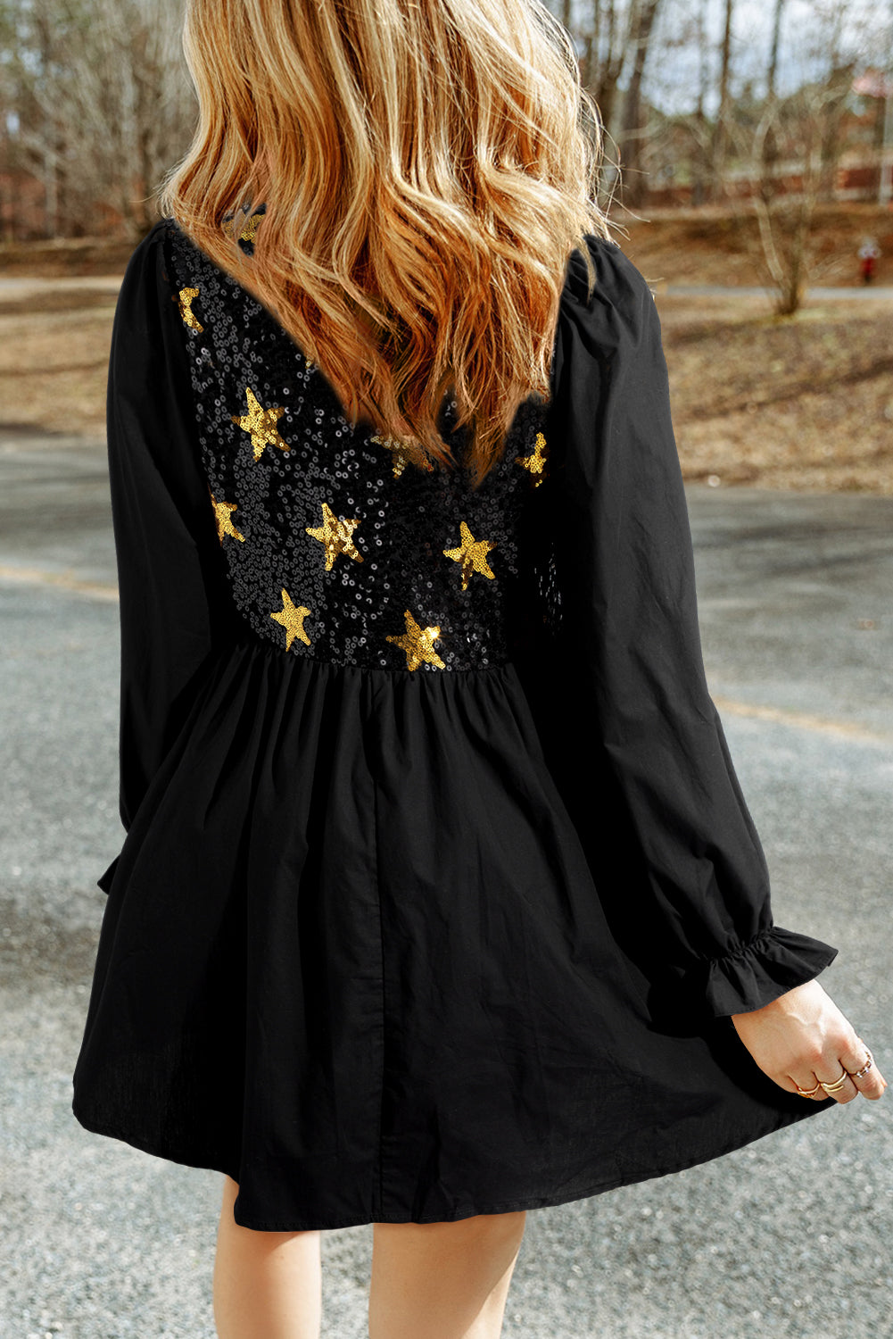 Chic Ana Sequin Star Mini Dress with a Round Neckline and Flounced Sleeves Elevated Occasion Wear