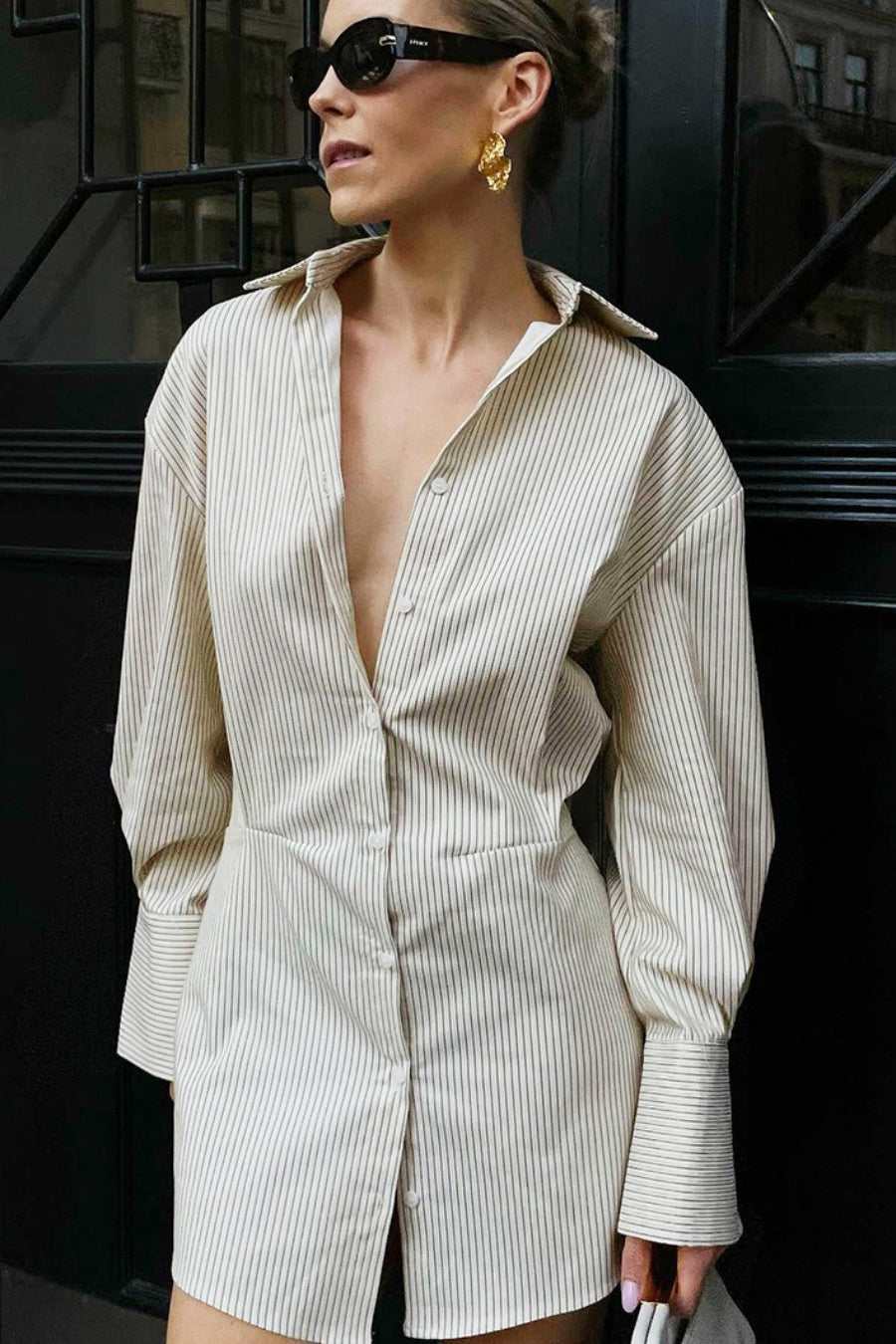 Collared Striped Waist Shirt Mini Dress