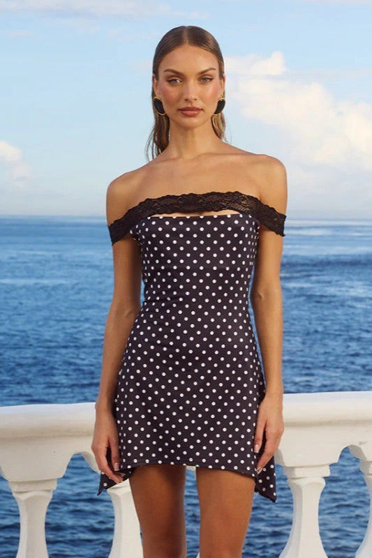 Lace OffShoulder Trim Polka Dot Bodycon Mini Dress