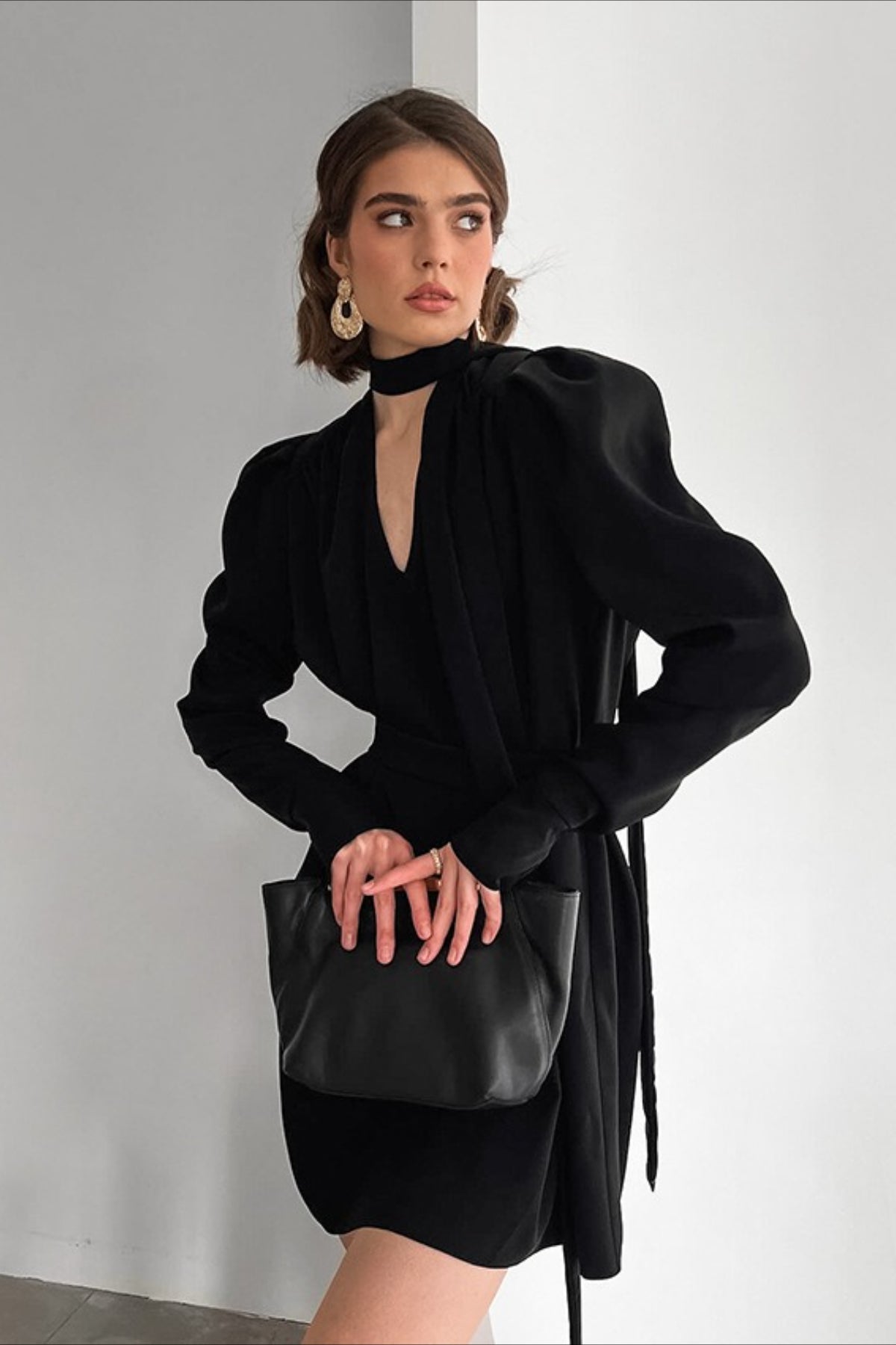 V Black Neck Puff Sleeve Mini Dress